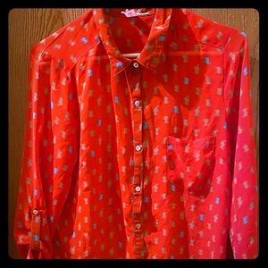 DownEast red blouse with cats size Large